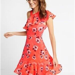Express Dress Size 10 Hot Coral Floral Ruffle Vacation NWT